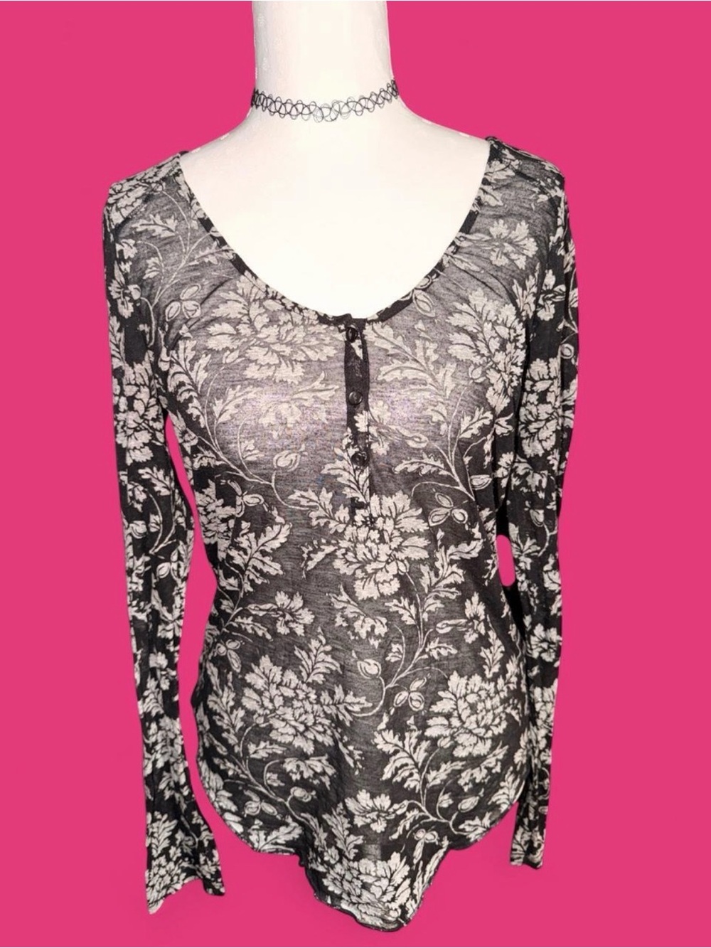 Denim & Supply Ralph Lauren Black & White Floral Long Sleeve Henley